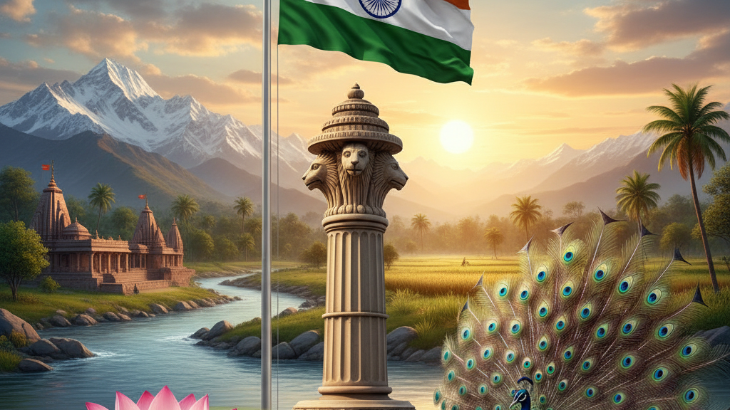 भारत के राजकीय प्रतीक 'अशोक स्तंभ' में दर्शाए गए चार शेरों का क्या महत्व है और इसे किस ऐतिहासिक स्रोत से लिया गया है?
