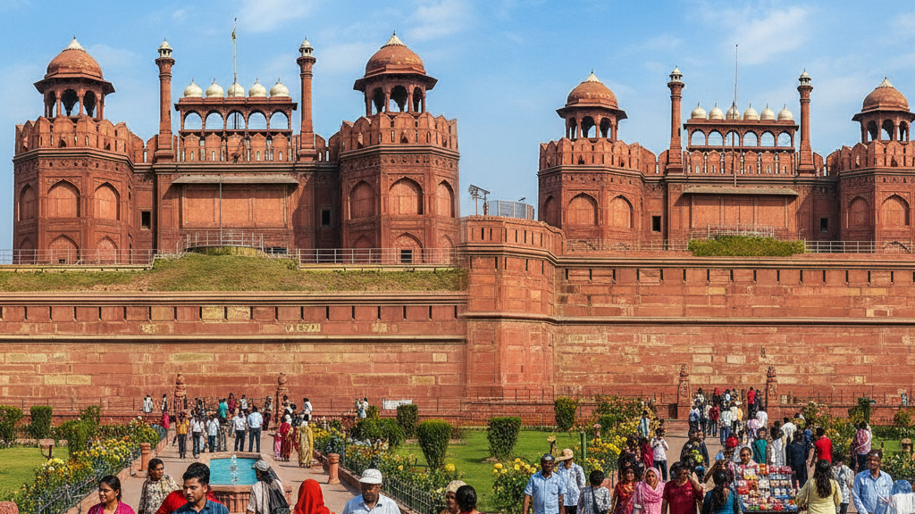 भारत के सांस्कृतिक परिदृश्य में, आगरा का लाल किला और दिल्ली का लाल किला, मुगल वास्तुकला और इतिहास के किन महत्वपूर्ण पहलुओं को दर्शाते हैं?