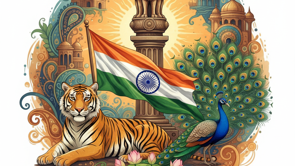 भारत के राष्ट्रीय प्रतीकों में विभिन्न पशुओं, पौधों और चिह्नों को क्यों शामिल किया गया है, और वे राष्ट्र की किन विशेषताओं का प्रतिनिधित्व करते हैं?