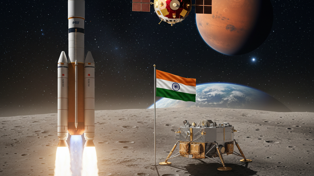 भारत के अंतरिक्ष कार्यक्रम ने किस प्रकार आत्मनिर्भरता और वैश्विक प्रतिष्ठा हासिल की है, और इसकी प्रमुख उपलब्धियाँ क्या हैं?