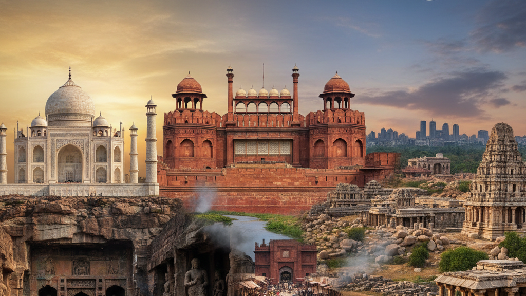 भारत के प्रमुख ऐतिहासिक स्थल देश की सांस्कृतिक विरासत और विभिन्न कालखंडों की स्थापत्य कला को कैसे दर्शाते हैं? किन्हीं दो विशिष्ट स्थलों के उदाहरणों से इस बात को स्पष्ट करें।